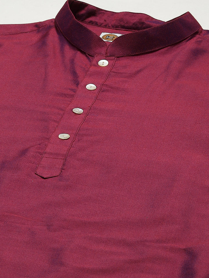 Maroon Blend Solid Kurta Beige Dhoti | SHOBITAM