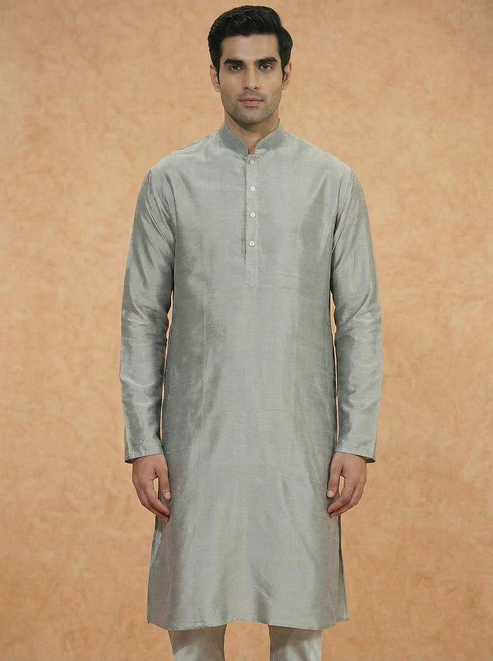 Grey Solid Silk Blend Kurta | SHOBITAM