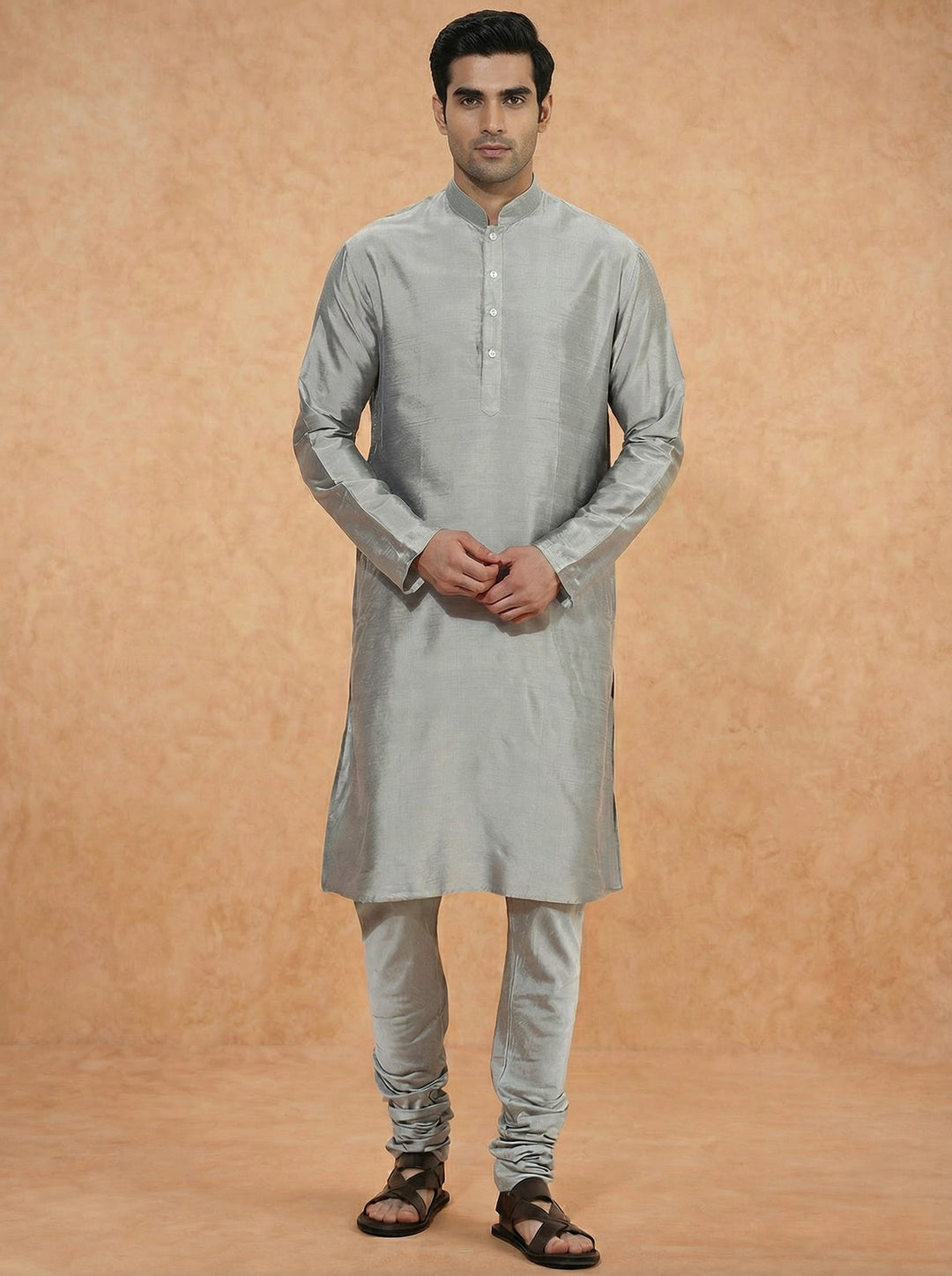 Grey Solid Silk Blend Kurta | SHOBITAM