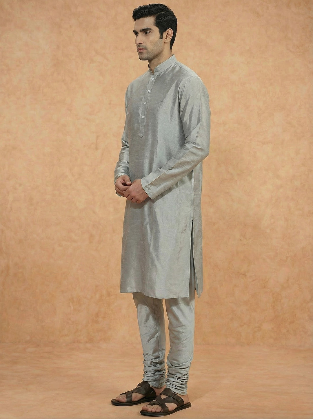 Grey Solid Silk Blend Kurta | SHOBITAM