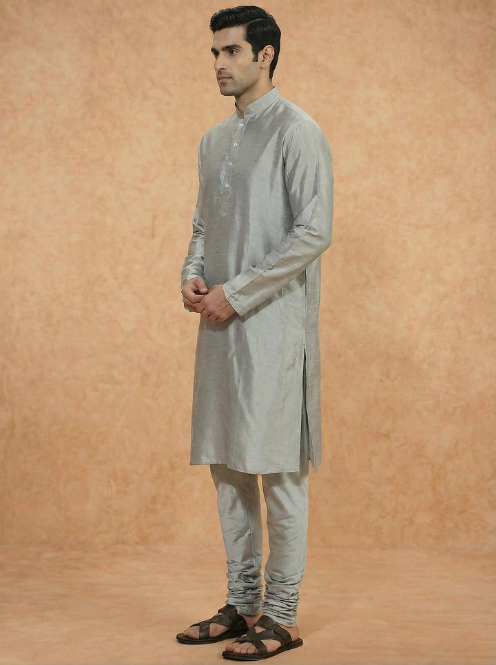 Grey Solid Silk Blend Kurta | SHOBITAM
