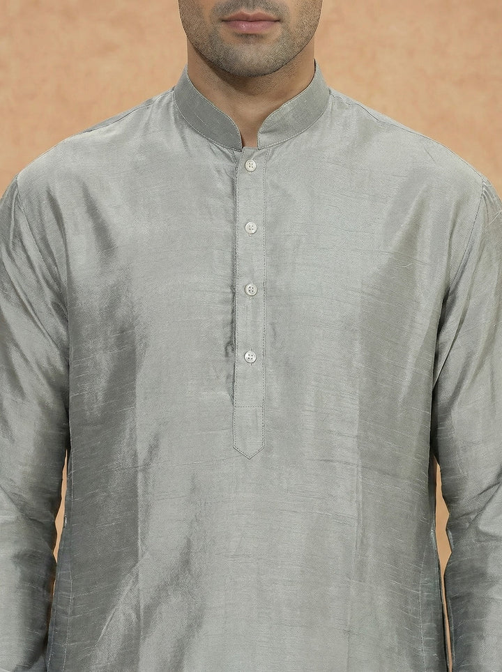 Grey Solid Silk Blend Kurta | SHOBITAM