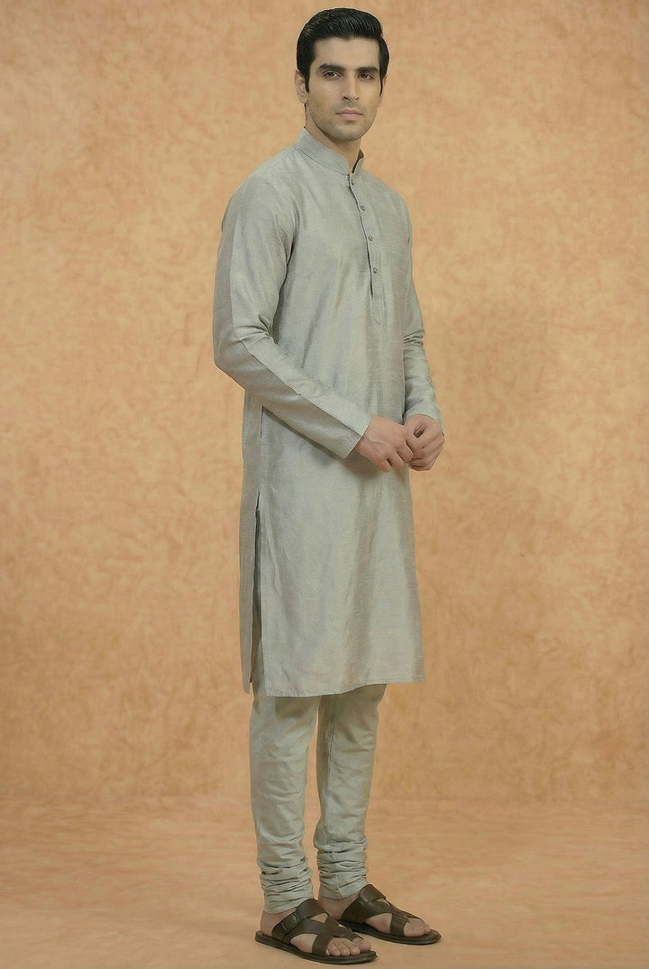 Grey Solid Silk Blend Kurta | SHOBITAM