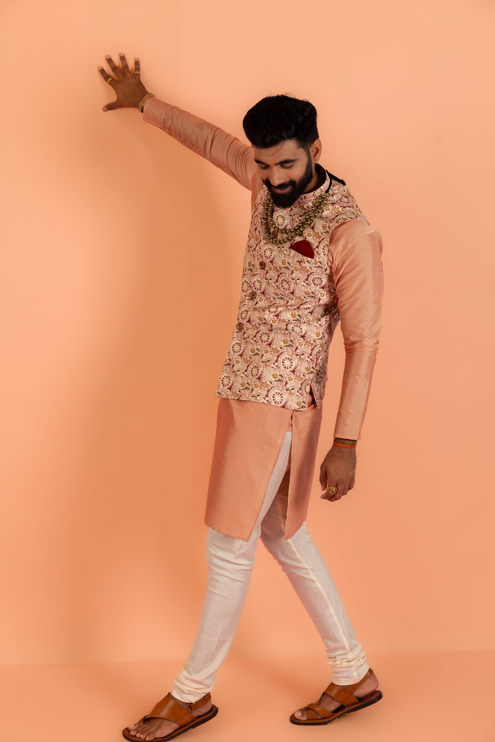 Peach Silk Blend Jacquard Nehru Jacket with Maroon | SHOBITAM
