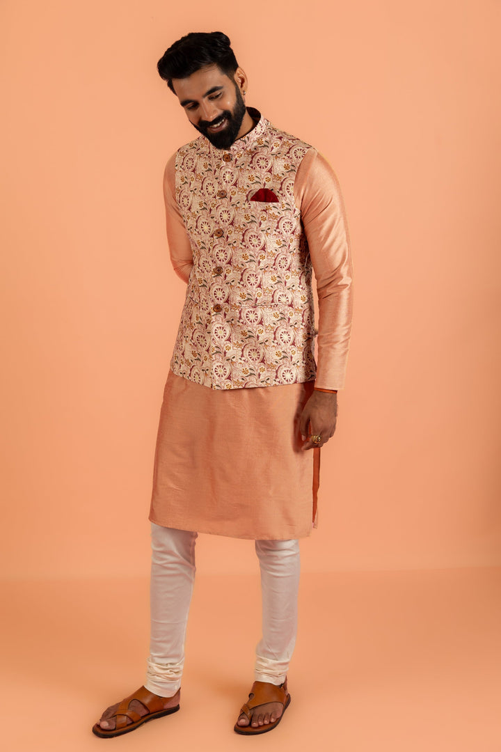 Peach Silk Blend Jacquard Nehru Jacket with Maroon | SHOBITAM