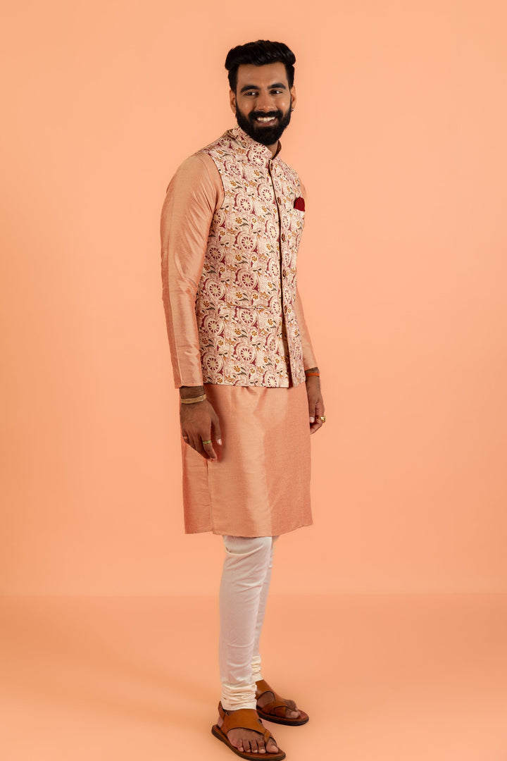 Peach Silk Blend Jacquard Nehru Jacket with Maroon | SHOBITAM