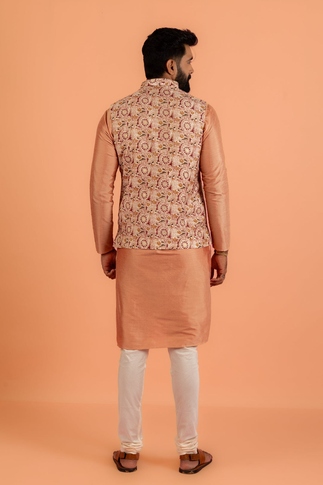 Peach Silk Blend Jacquard Nehru Jacket with Maroon | SHOBITAM