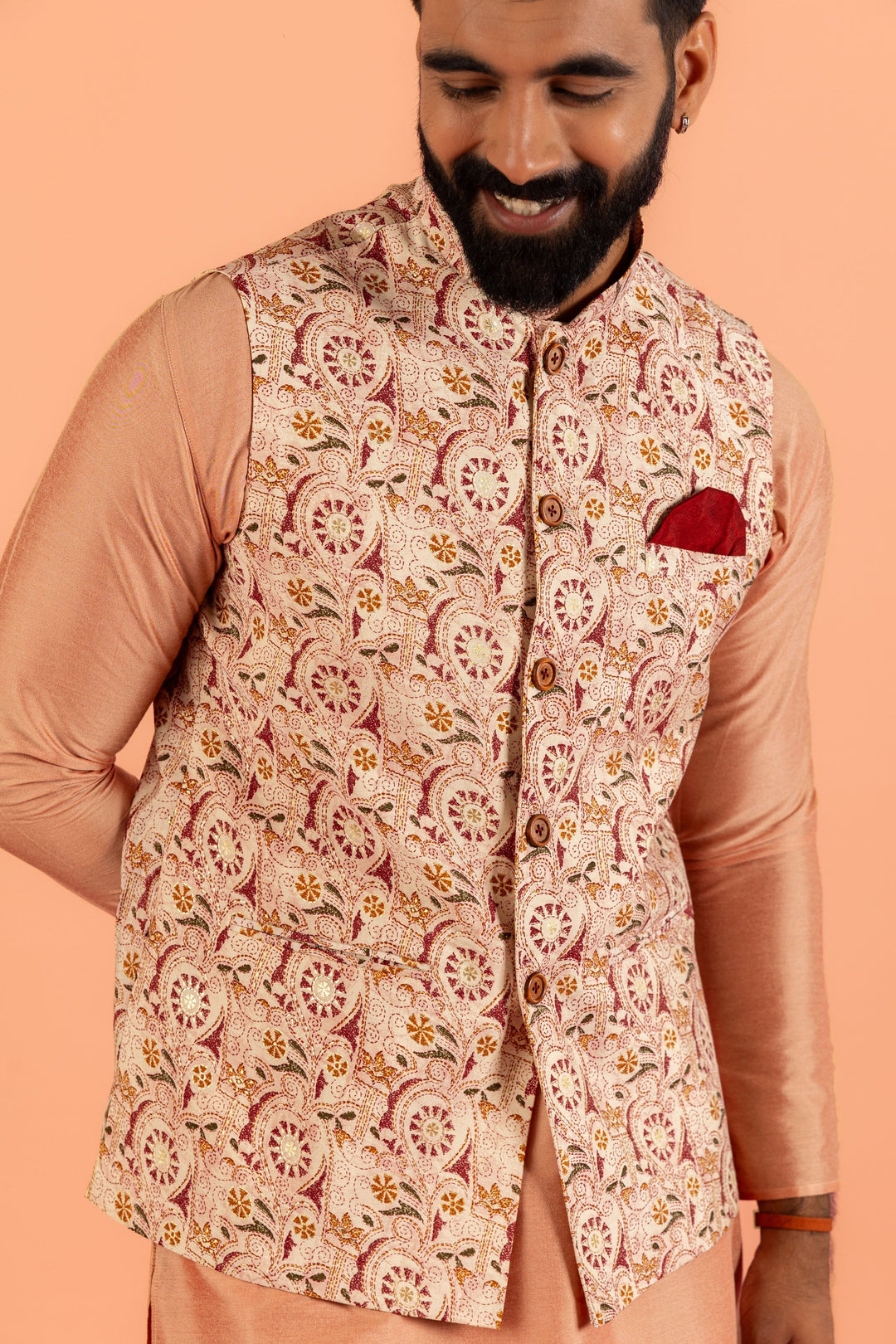 Peach Silk Blend Jacquard Nehru Jacket with Maroon | SHOBITAM