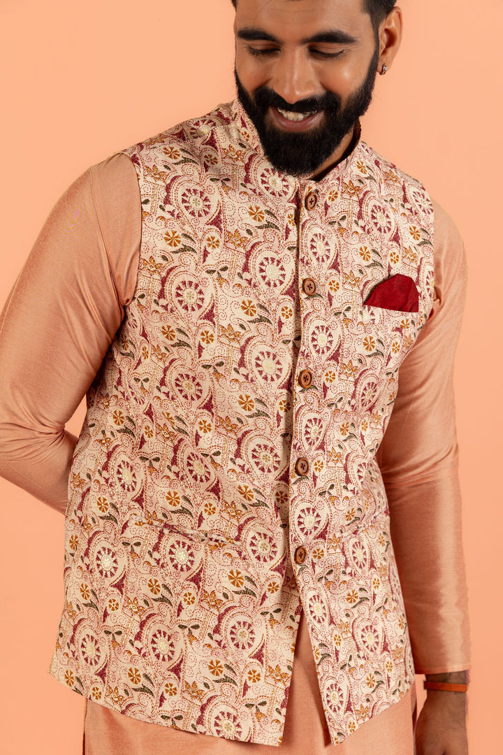 Peach Silk Blend Jacquard Nehru Jacket with Maroon | SHOBITAM