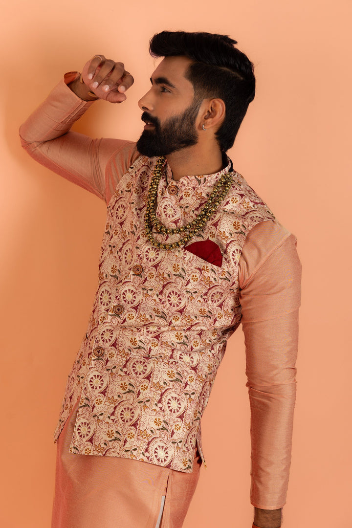 Peach Silk Blend Jacquard Nehru Jacket with Maroon | SHOBITAM