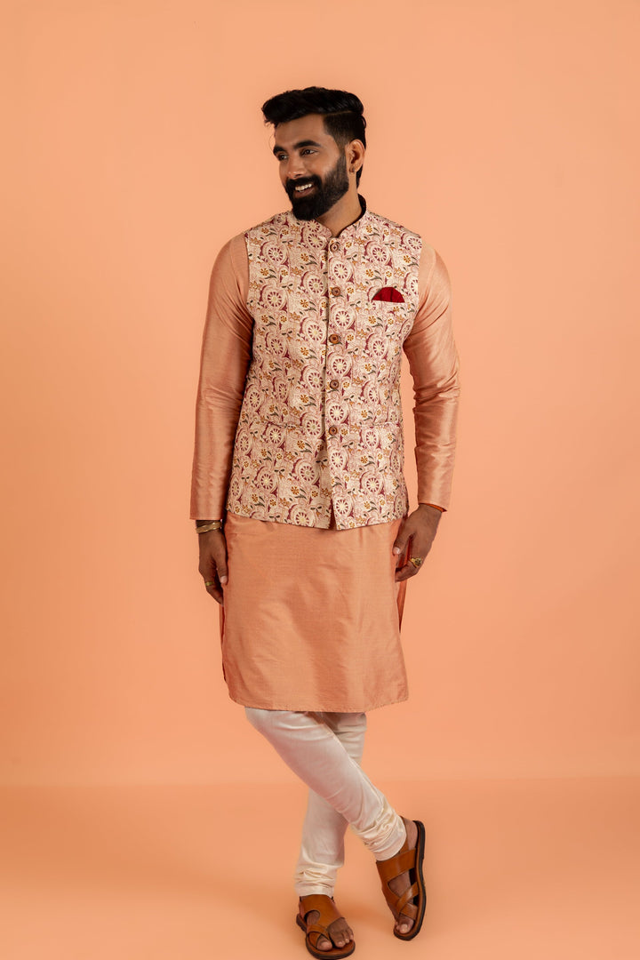 Peach Silk Blend Jacquard Nehru Jacket with Maroon | SHOBITAM