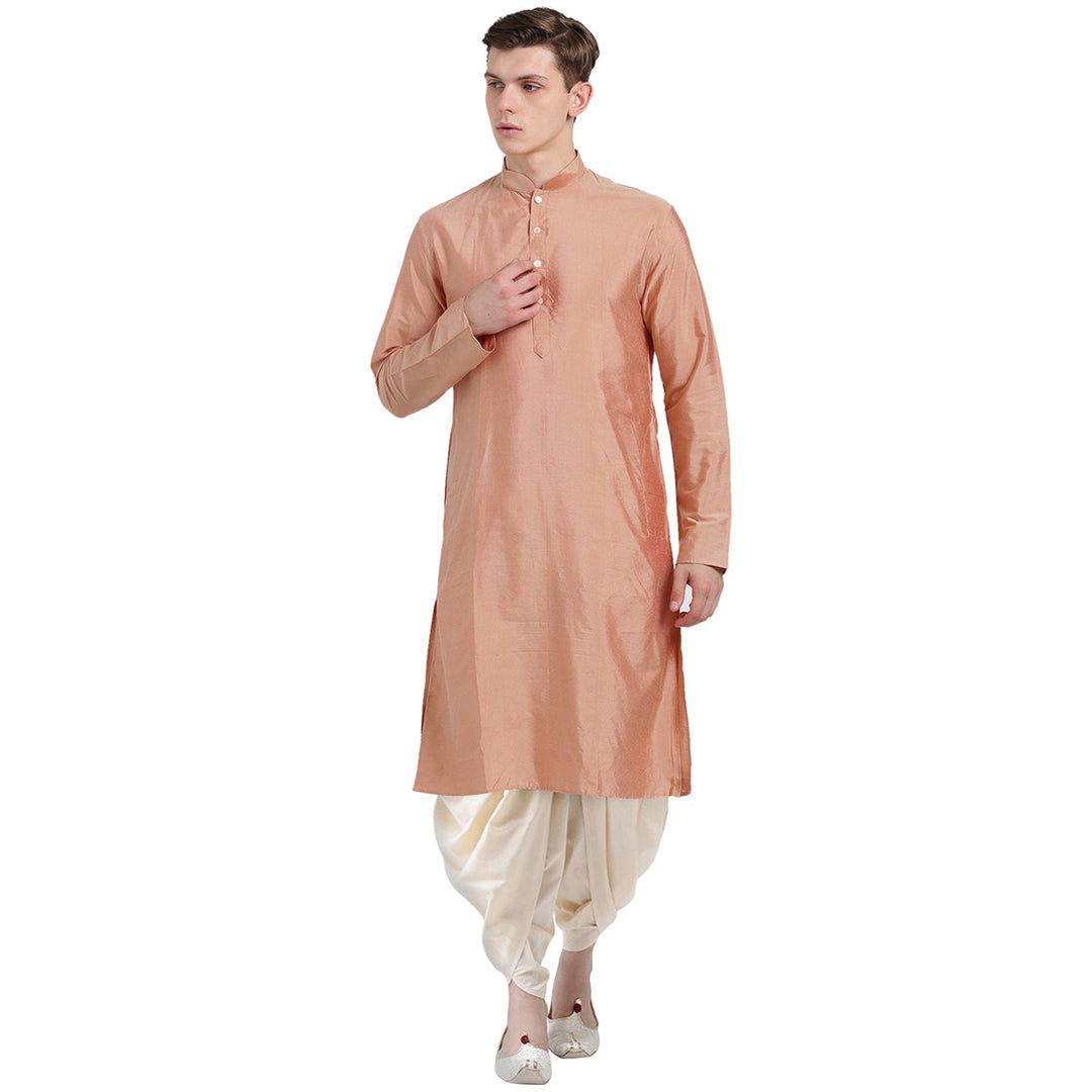 Peach Blend Solid Kurta Cream Dhoti | SHOBITAM