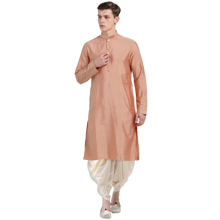Peach Blend Solid Kurta Cream Dhoti | SHOBITAM