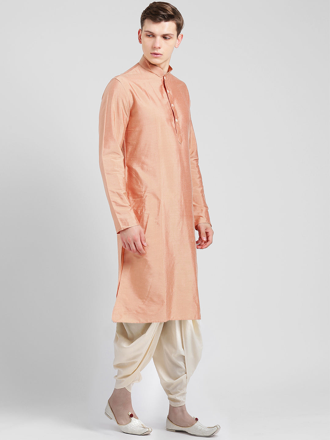 Peach Blend Solid Kurta Cream Dhoti | SHOBITAM