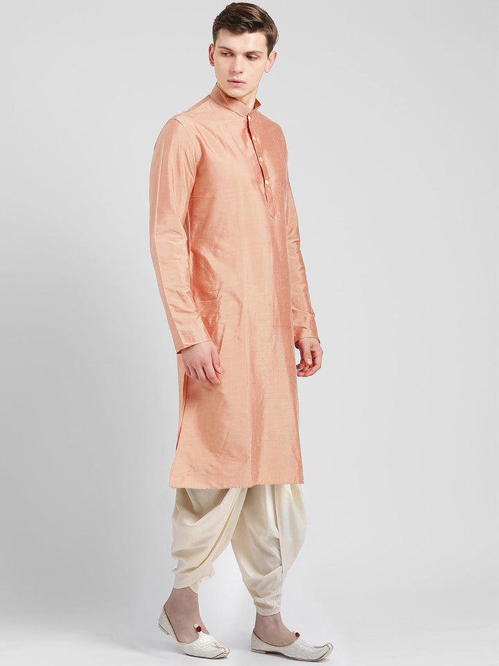 Peach Blend Solid Kurta Cream Dhoti | SHOBITAM