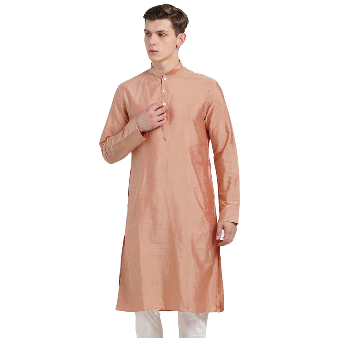 Peach Silk Blend Long Kurta - Solid Festive Wear with Mandarin Collar for Weddings & Celebrations | SHOBITAM