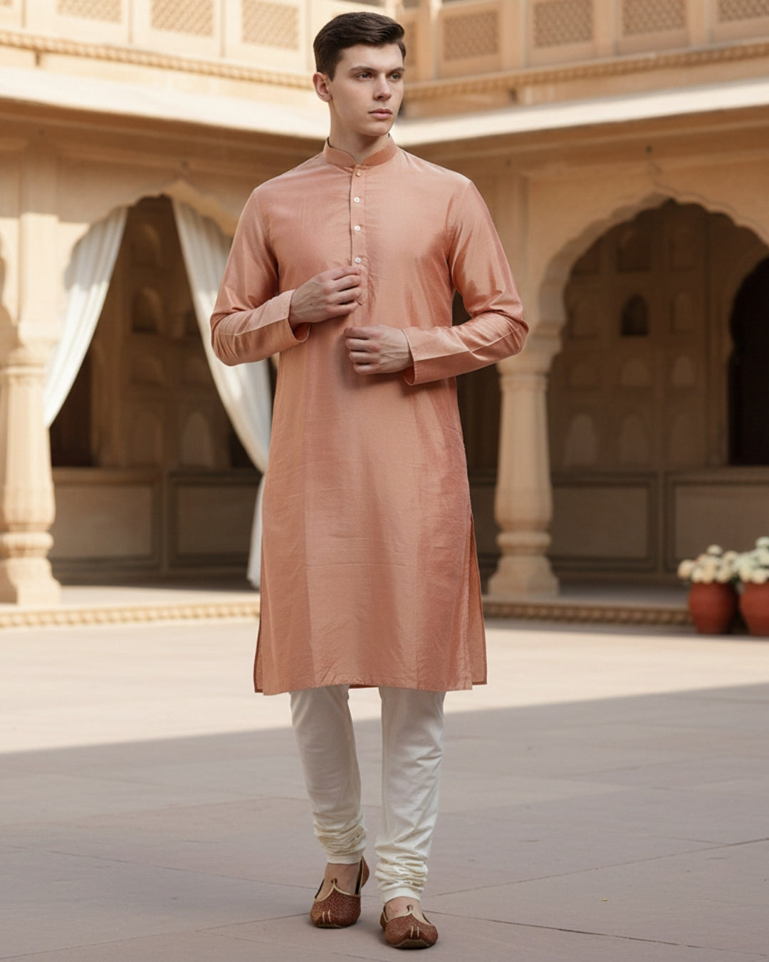 Peach Silk Blend Long Kurta - Solid Festive Wear with Mandarin Collar for Weddings & Celebrations | SHOBITAM