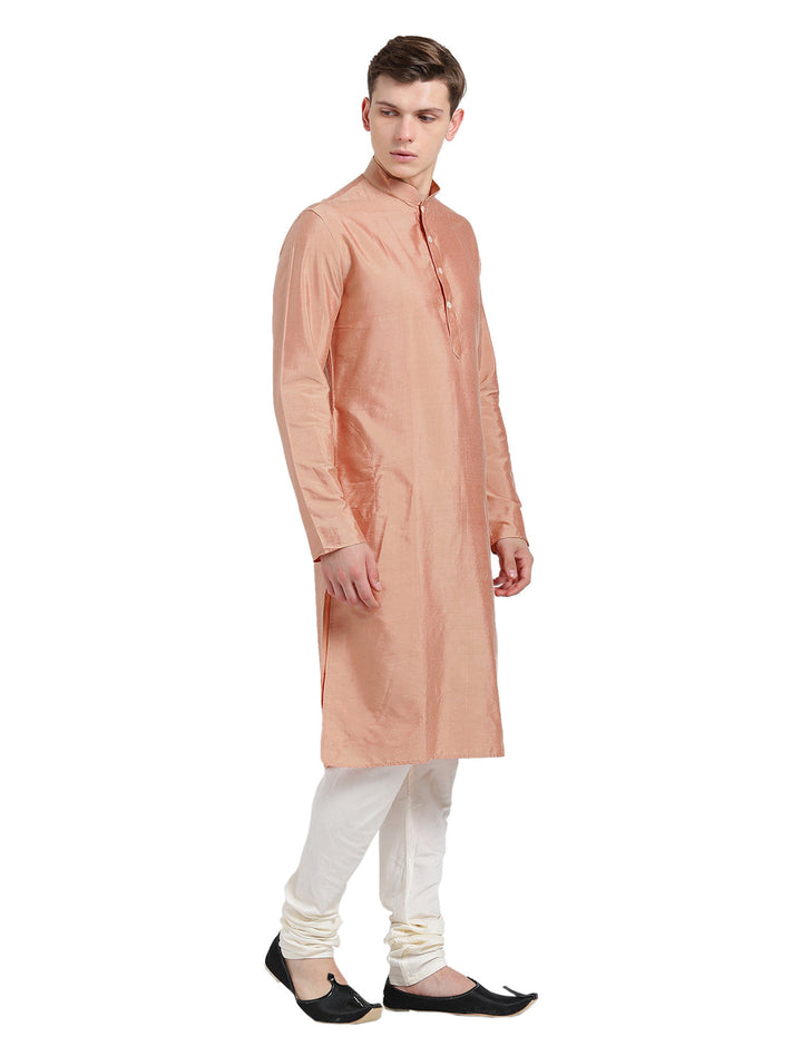 Peach Silk Blend Long Kurta - Solid Festive Wear with Mandarin Collar for Weddings & Celebrations | SHOBITAM