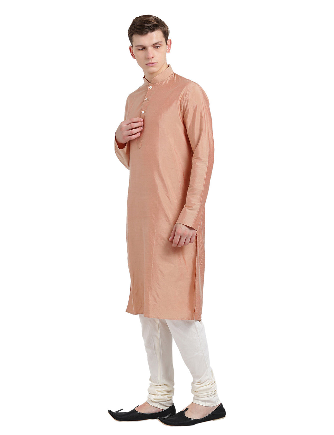Peach Silk Blend Long Kurta - Solid Festive Wear with Mandarin Collar for Weddings & Celebrations | SHOBITAM