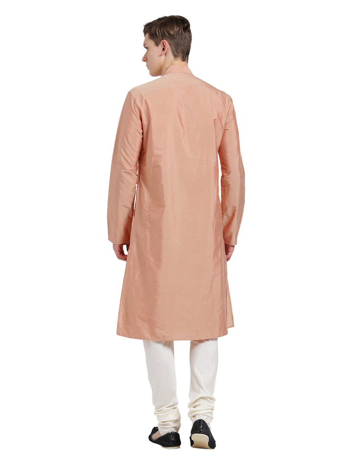 Peach Silk Blend Long Kurta - Solid Festive Wear with Mandarin Collar for Weddings & Celebrations | SHOBITAM