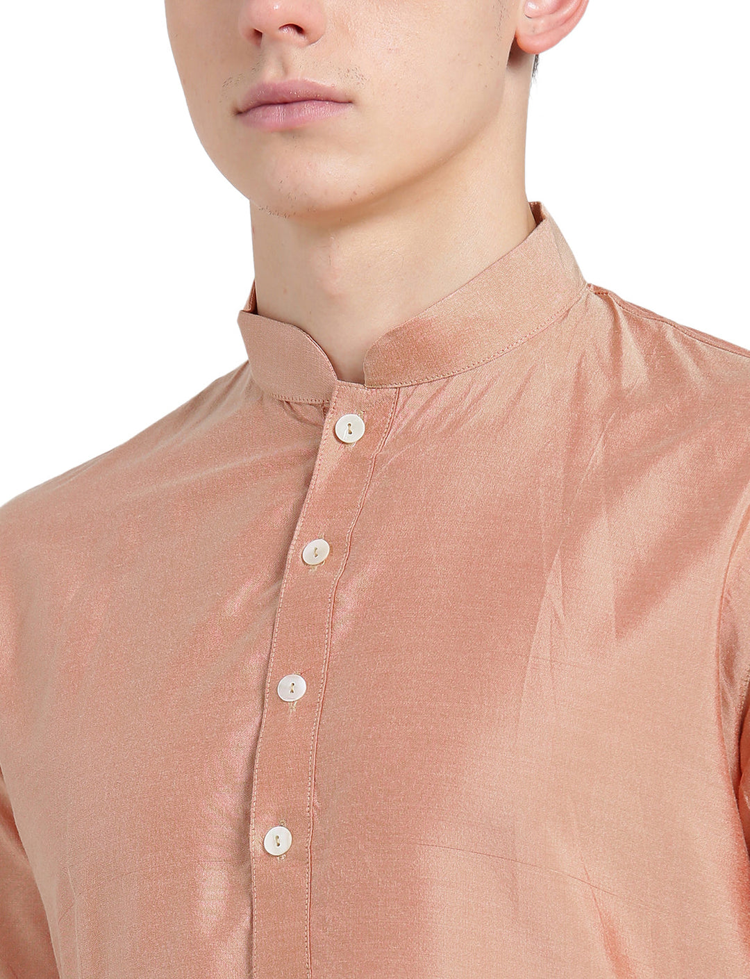 Peach Silk Blend Long Kurta - Solid Festive Wear with Mandarin Collar for Weddings & Celebrations | SHOBITAM