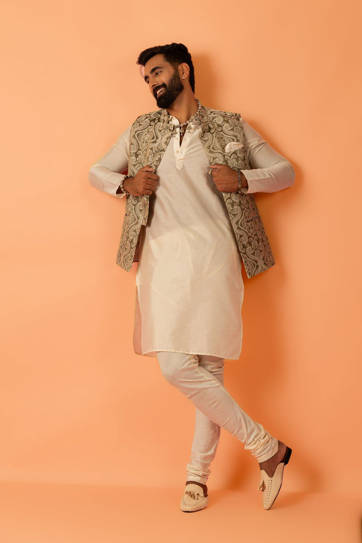 Beige Silk Embroidered Nehru Jacket Bundi For Men | SHOBITAM