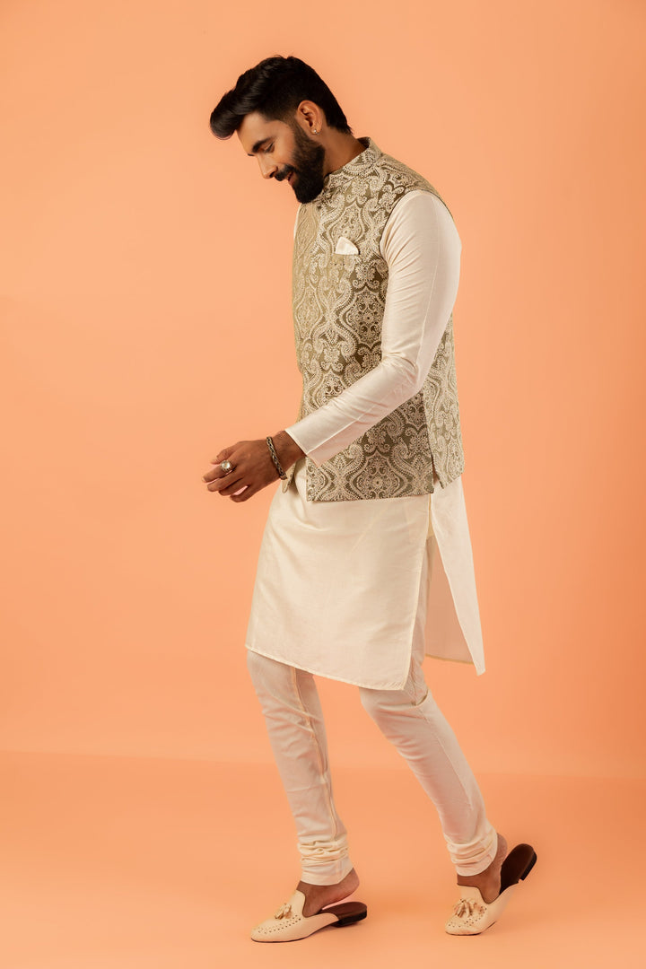 Beige Silk Embroidered Nehru Jacket Bundi For Men | SHOBITAM