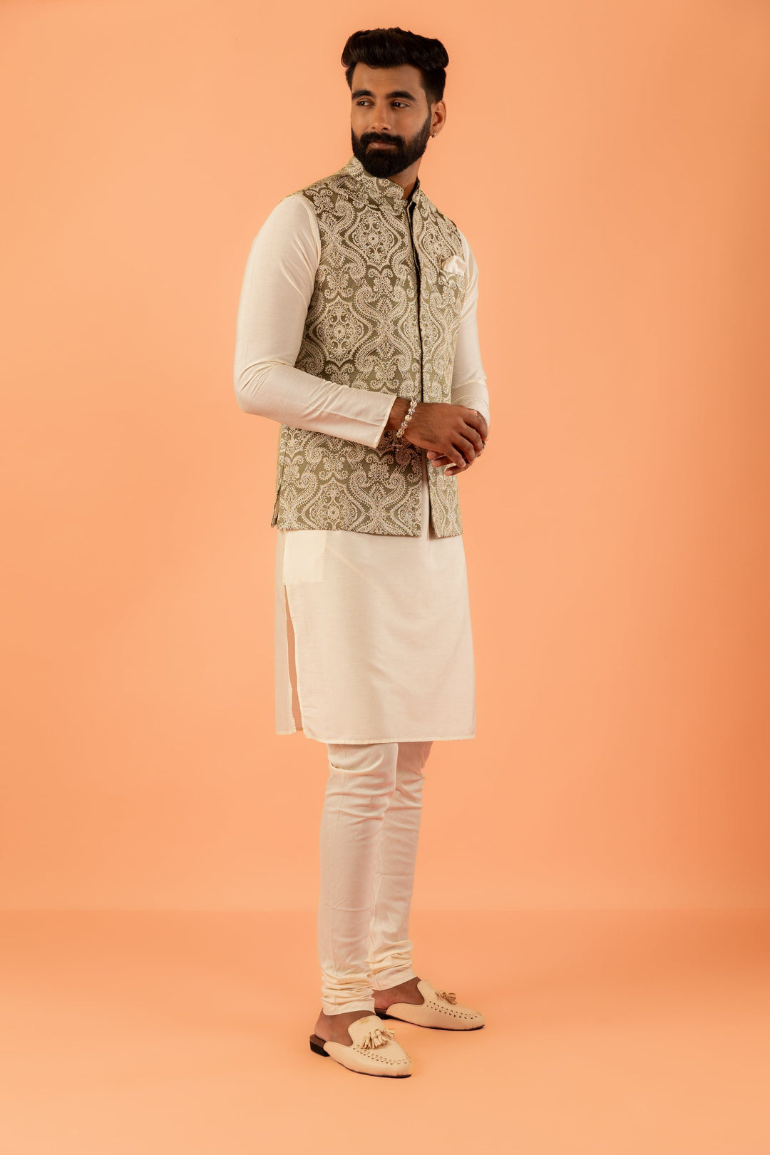 Beige Silk Embroidered Nehru Jacket Bundi For Men | SHOBITAM