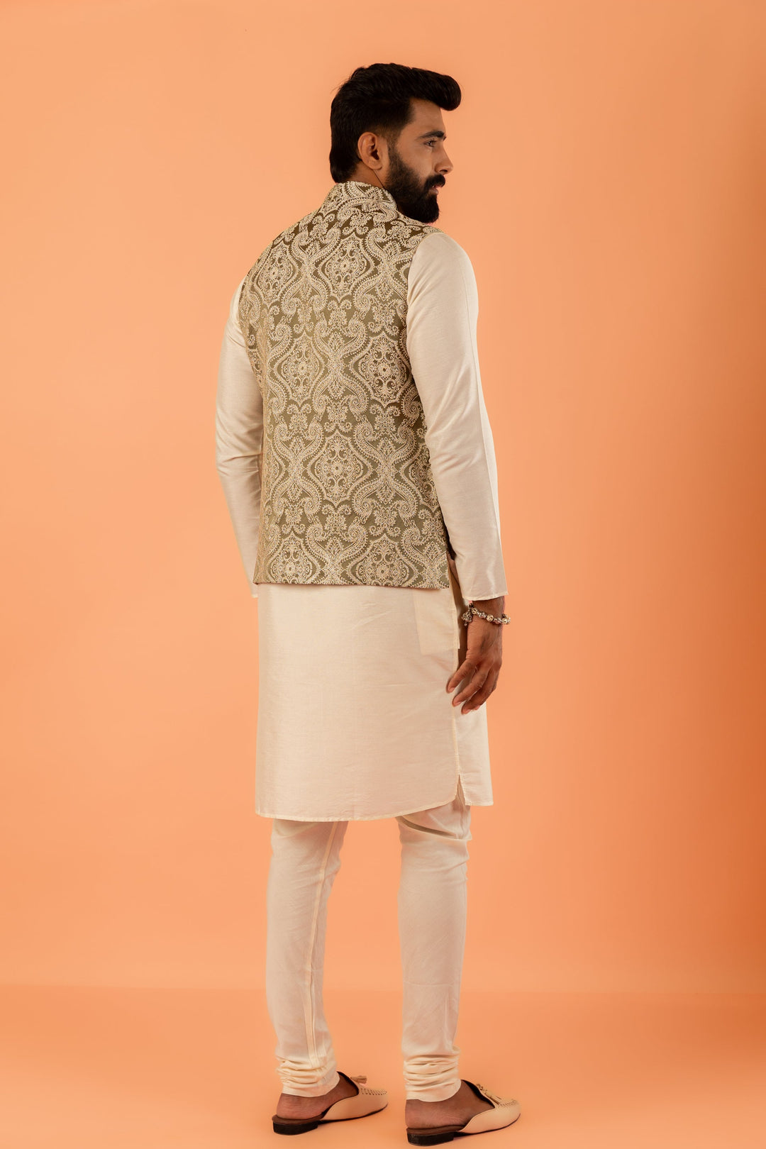 Beige Silk Embroidered Nehru Jacket Bundi For Men | SHOBITAM