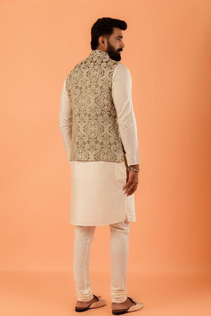 Beige Silk Embroidered Nehru Jacket Bundi For Men | SHOBITAM