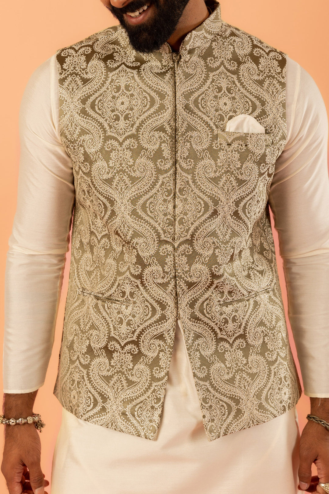 Beige Silk Embroidered Nehru Jacket Bundi For Men | SHOBITAM