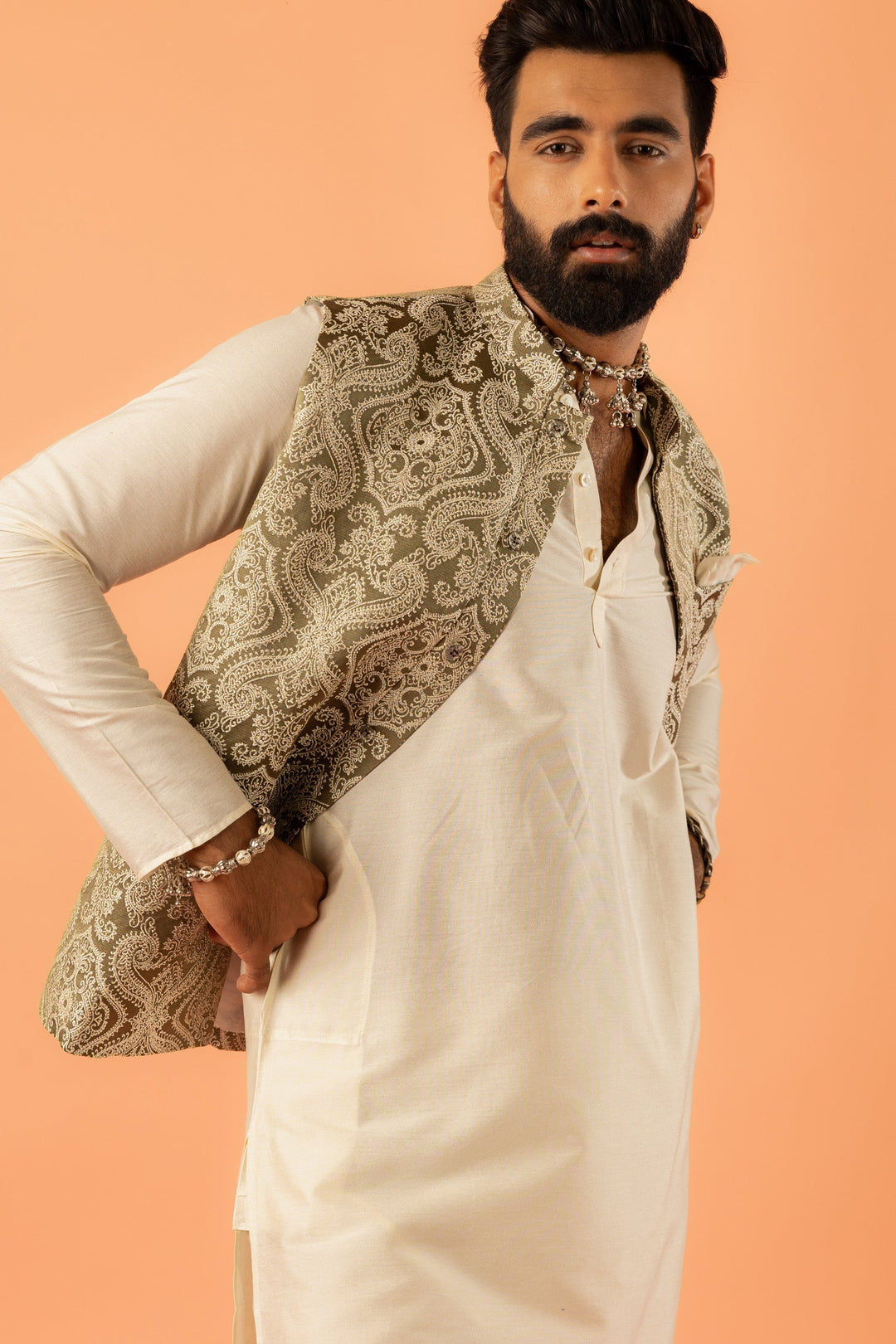 Beige Silk Embroidered Nehru Jacket Bundi For Men | SHOBITAM