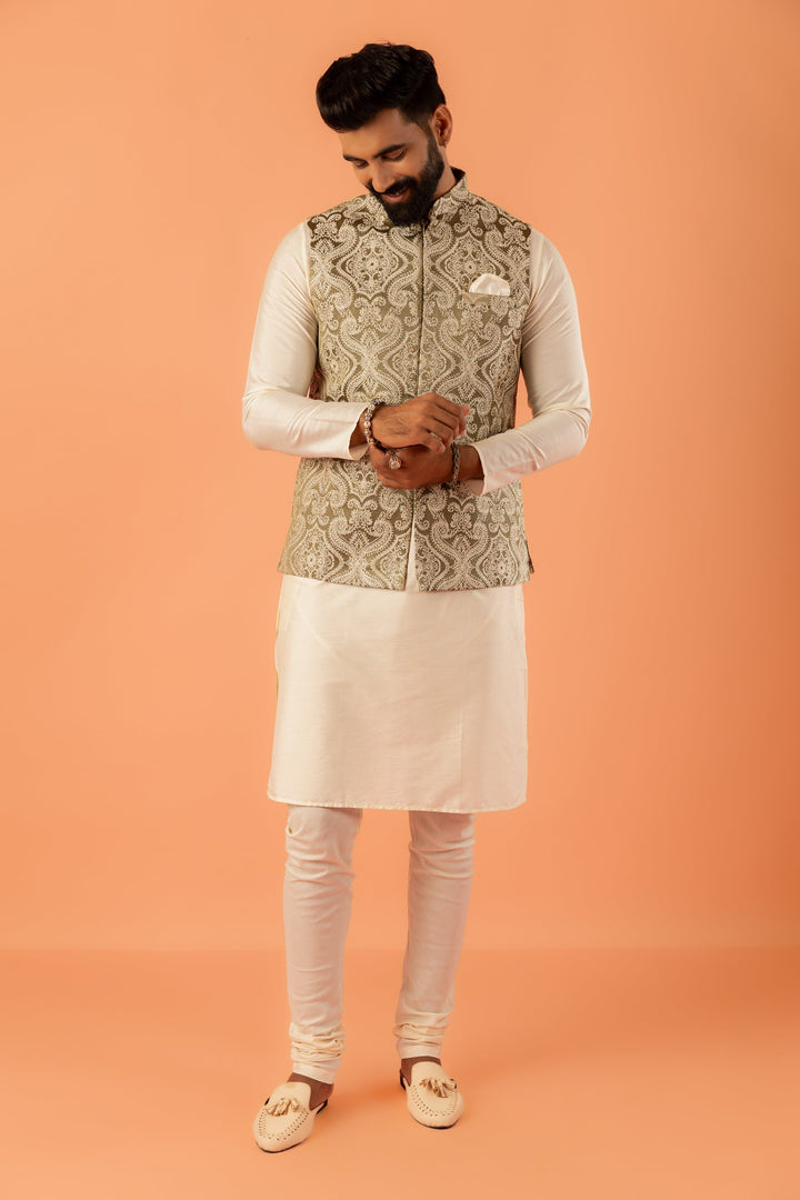 Beige Silk Embroidered Nehru Jacket Bundi For Men | SHOBITAM