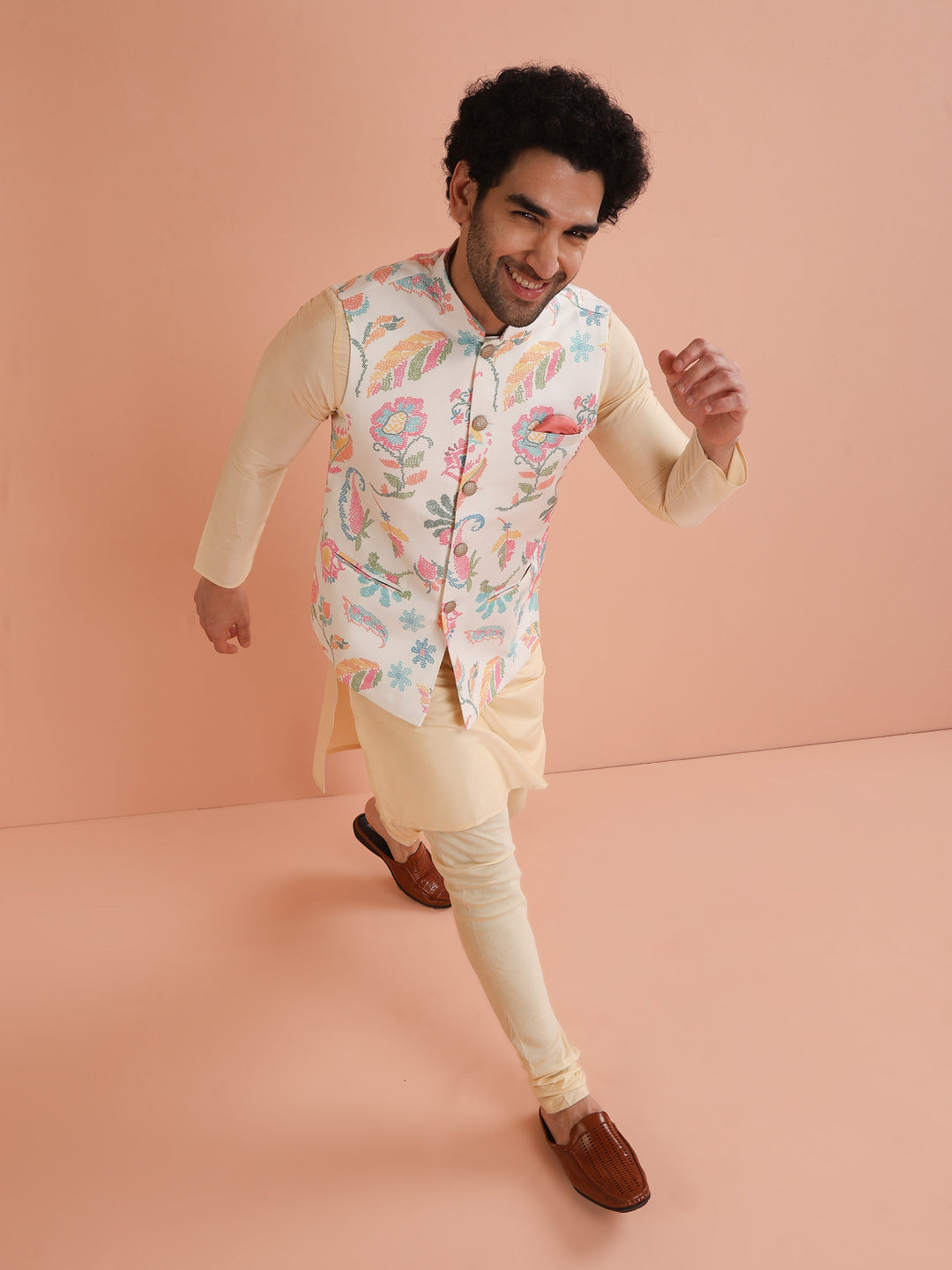 Cream Silk Blend Kurta Jacket Churidar Set | SHOBITAM