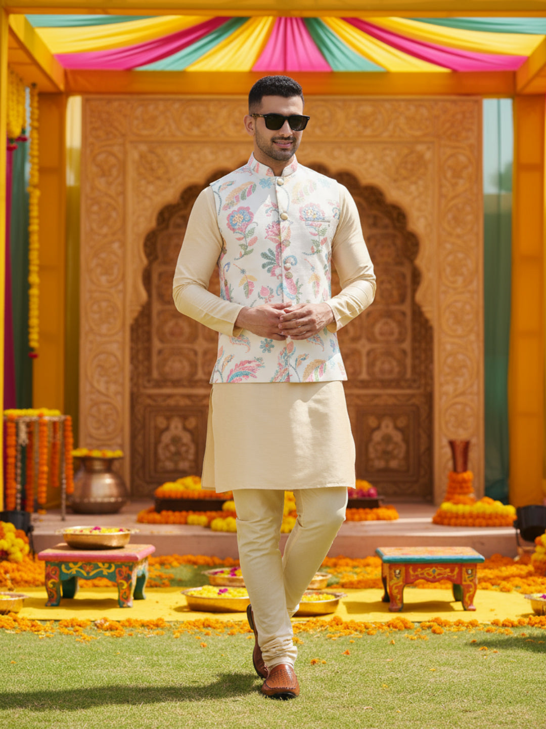 Cream Silk Blend Kurta Jacket Churidar Set | SHOBITAM