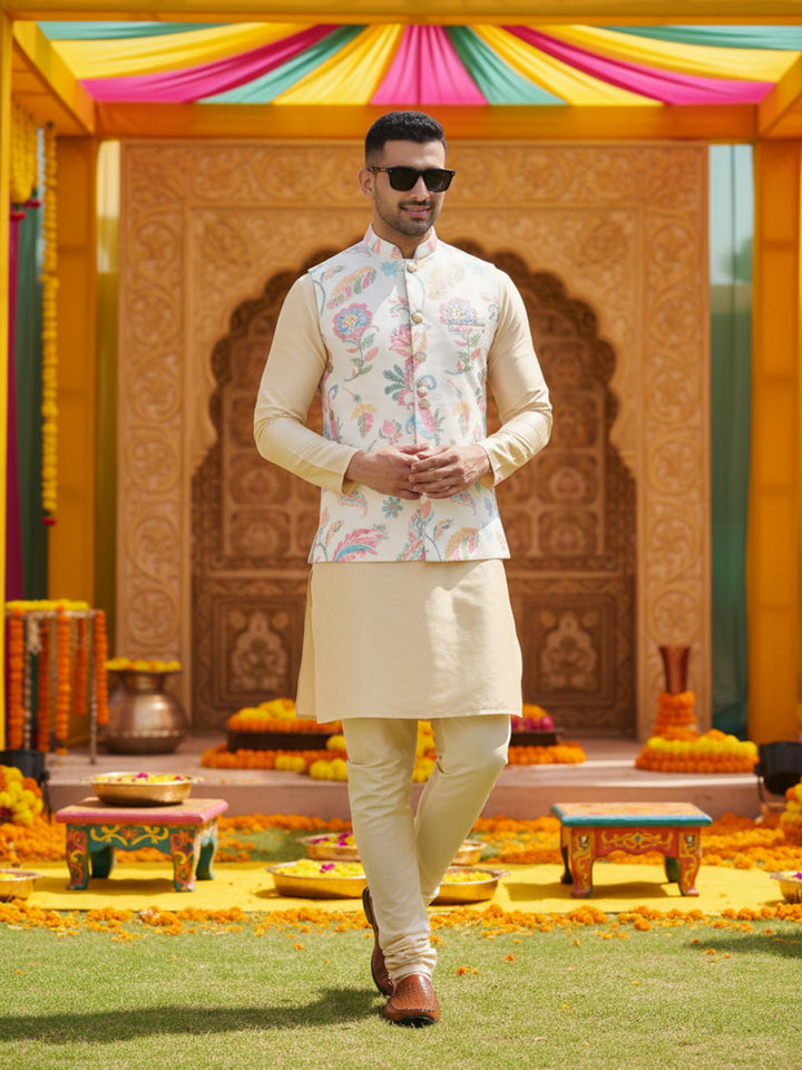 Cream Silk Blend Kurta Jacket Churidar Set | SHOBITAM