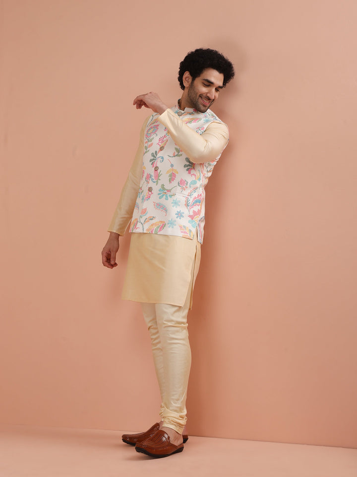 Cream Silk Blend Kurta Jacket Churidar Set | SHOBITAM