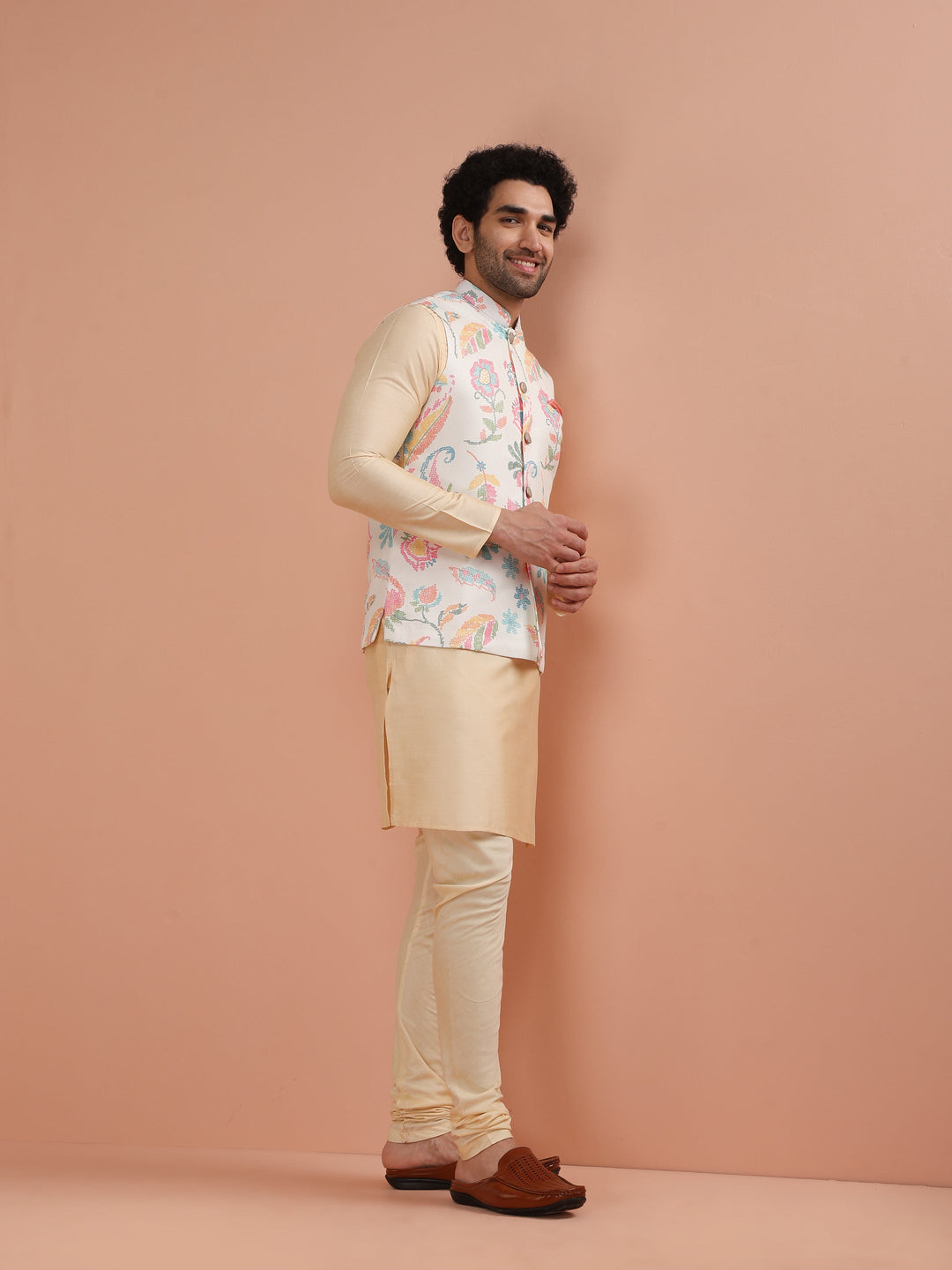 Cream Silk Blend Kurta Jacket Churidar Set | SHOBITAM
