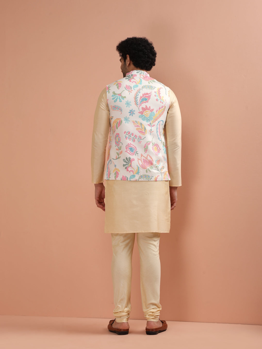 Cream Silk Blend Kurta Jacket Churidar Set | SHOBITAM