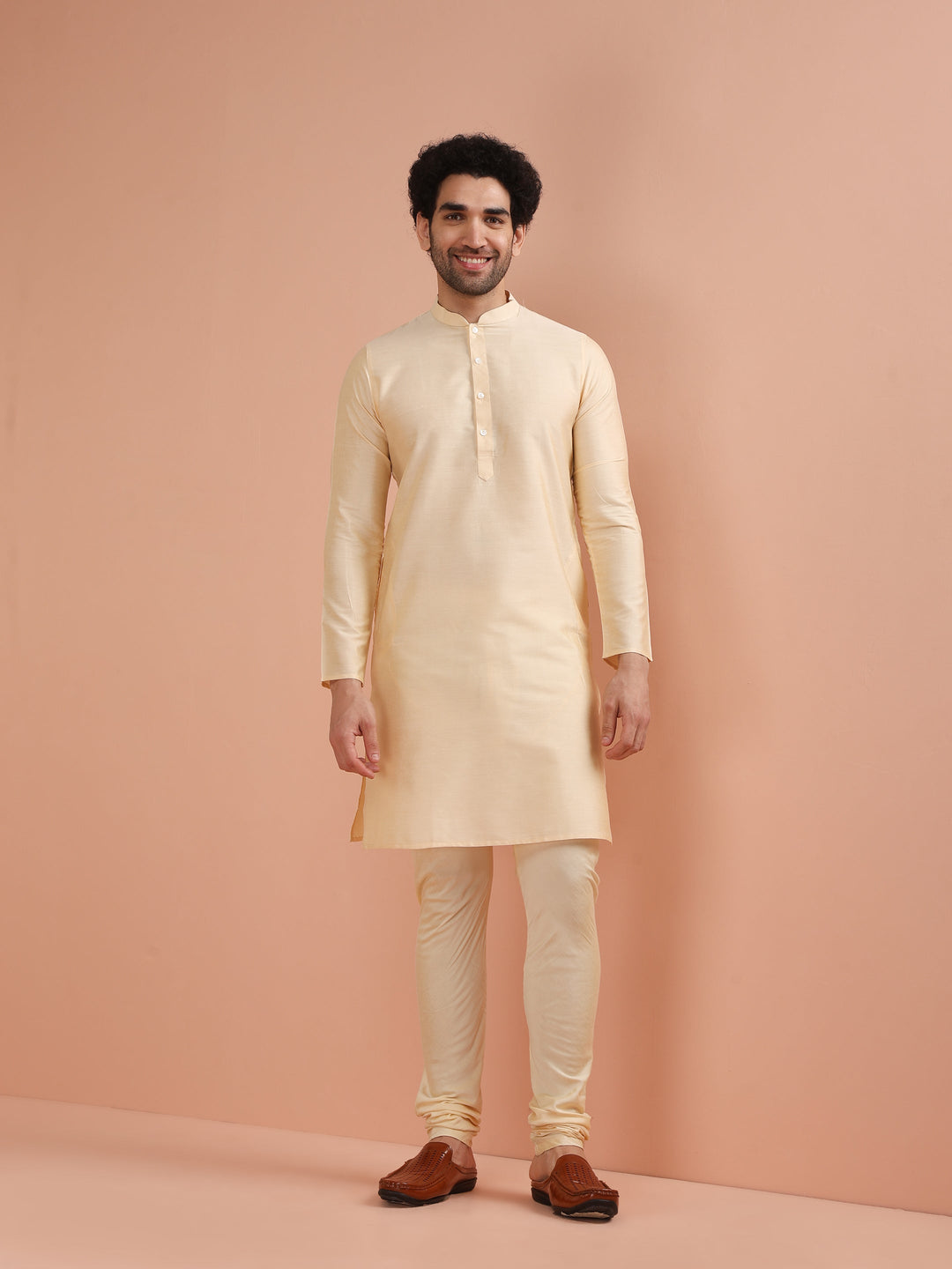 Cream Silk Blend Kurta Jacket Churidar Set | SHOBITAM