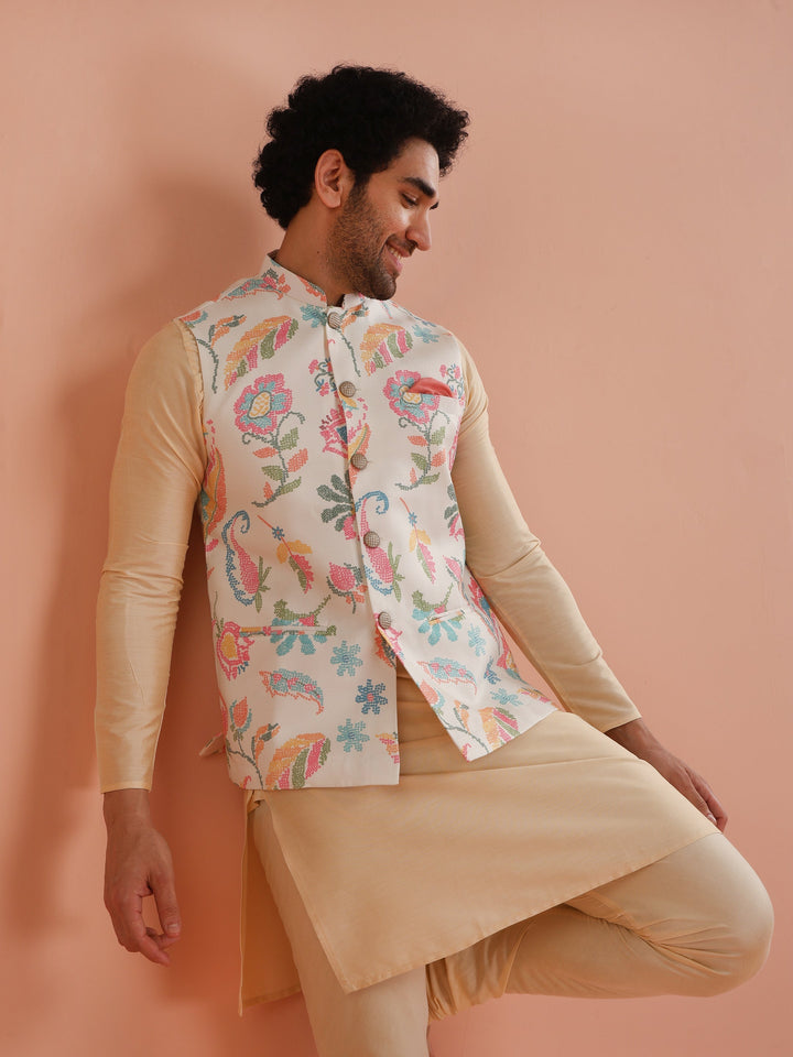 Cream Silk Blend Kurta Jacket Churidar Set | SHOBITAM