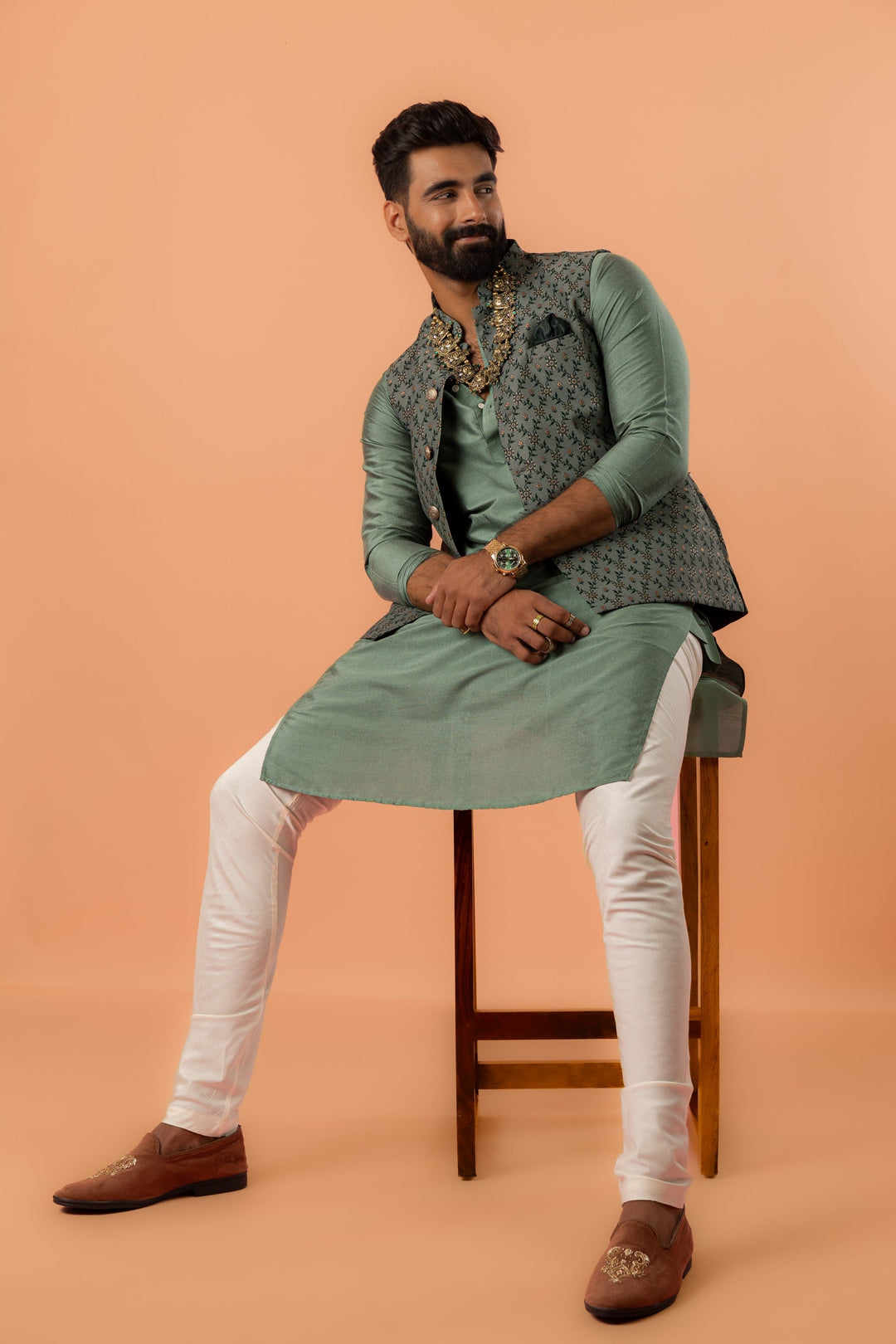 Green Silk Blend Geometric Nehru Jacket | SHOBITAM