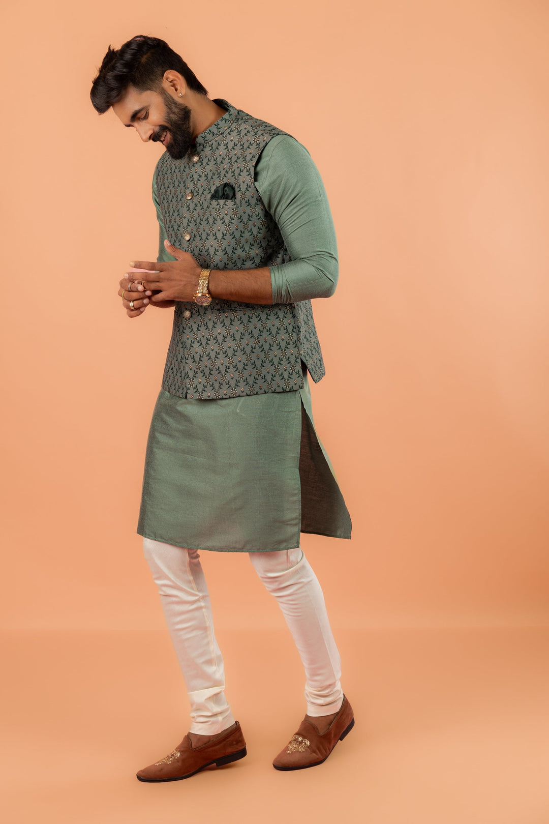 Green Silk Blend Geometric Nehru Jacket | SHOBITAM