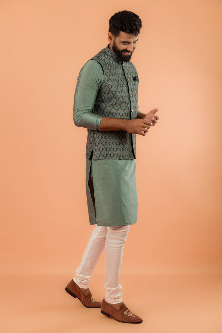 Green Silk Blend Geometric Nehru Jacket | SHOBITAM