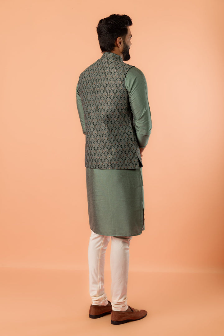 Green Silk Blend Geometric Nehru Jacket | SHOBITAM