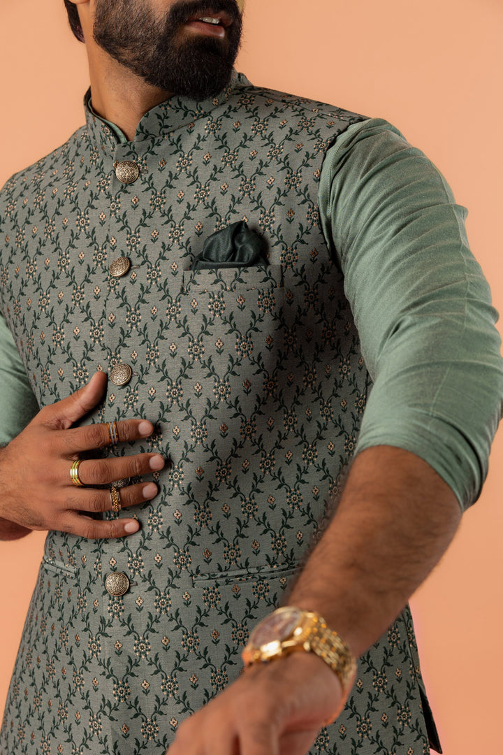 Green Silk Blend Geometric Nehru Jacket | SHOBITAM