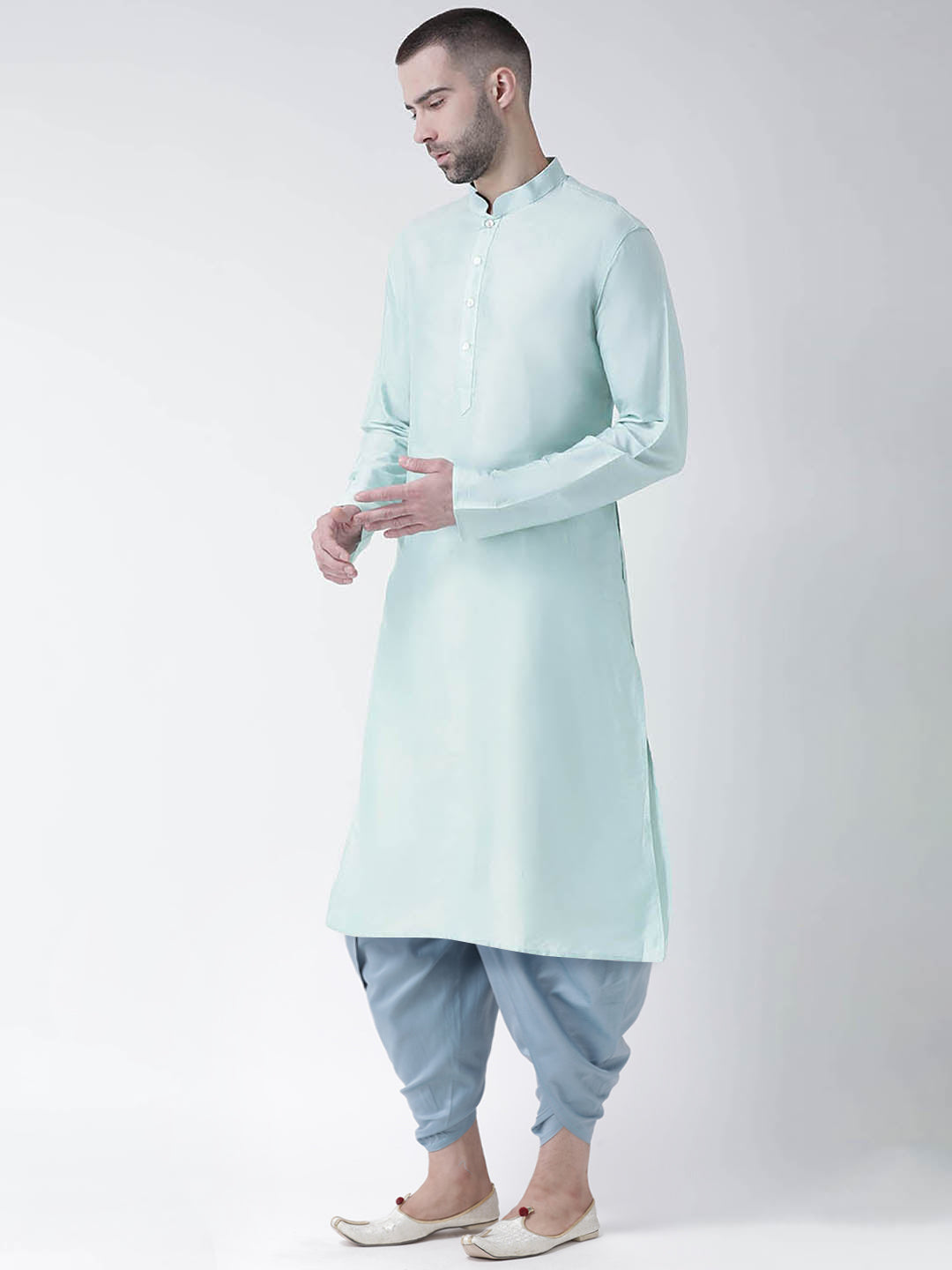 Mint Green Blend Solid Kurta with Blue Dhoti | SHOBITAM