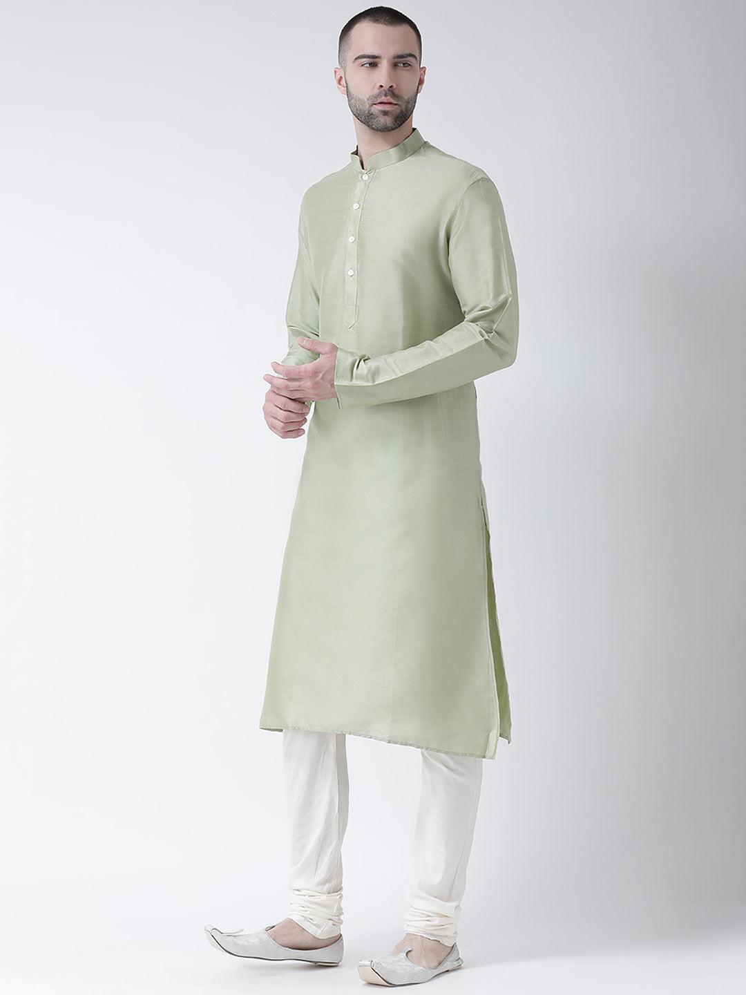 Light Green Silk Blend Solid Long Kurta | SHOBITAM