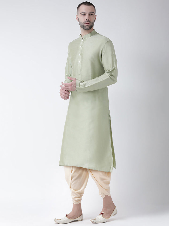 Light Green Blend Solid Kurta Beige Dhoti | SHOBITAM