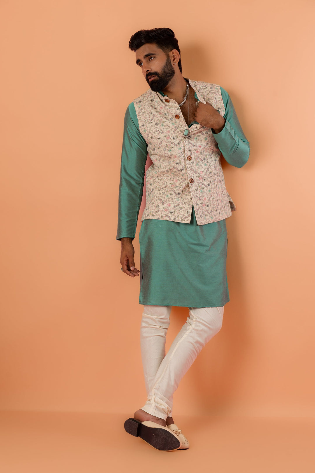 Beige Printed Nehru Jacket | SHOBITAM